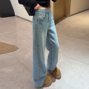 设计感烫钻阔腿牛仔裤女2026春季新款高腰显瘦显腿长直筒拖地长裤