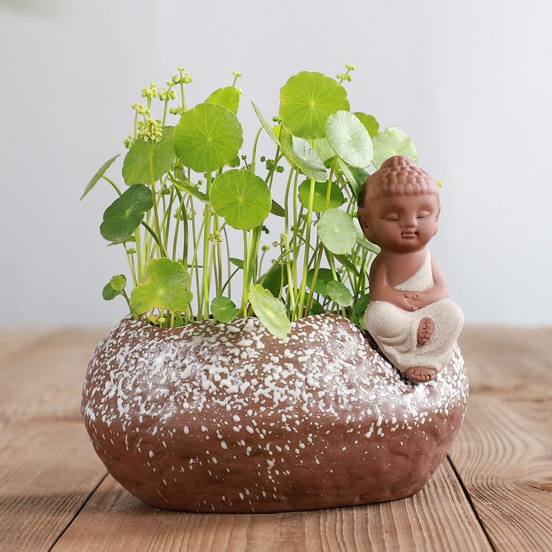 禅意陶瓷紫砂小和尚水培花盆无孔花器1AF4-FACC