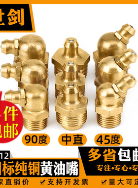 M6M8M10M12黄油嘴英制纯铜头牛油杯推土挖机45弯90度直油咀枪国标