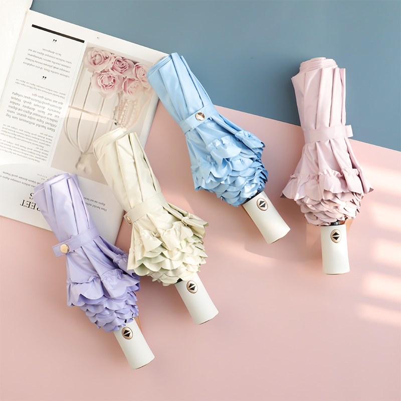 彩胶木耳花边女防晒防紫外线折叠晴雨两用自动雨伞遮阳便携太阳伞