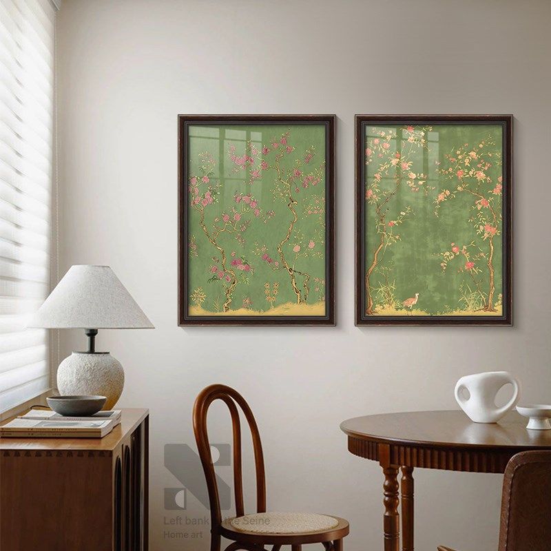 《绿枝繁花》法式复古花卉餐厅装饰画绿色花鸟客厅挂画卧室壁画