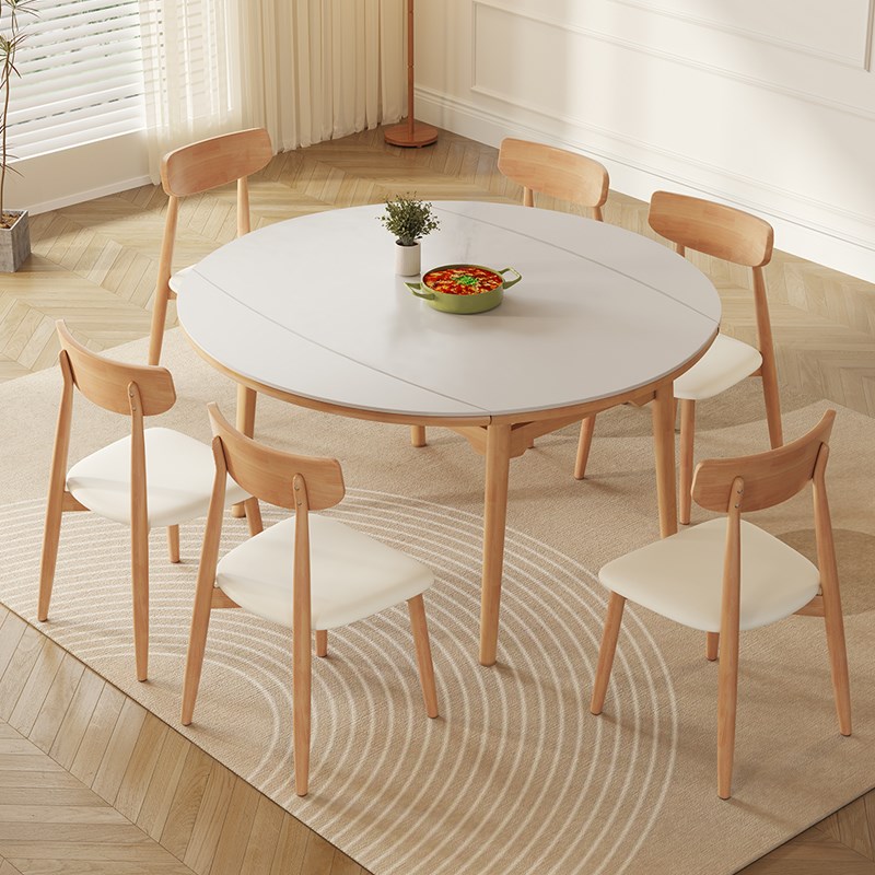 爱依瑞斯侘寂奶油风实木岩板可伸缩餐桌北欧小户型家用方圆两用原