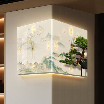 新中式转角挂钟装饰画迎客松拐角时钟挂画双面阳角钟表发光壁画