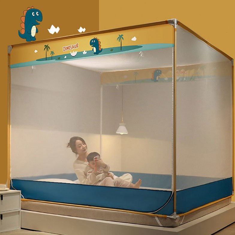 加高方顶坐床蚊帐有底拉链双开门家用防摔儿童蚊帐带支架200*220