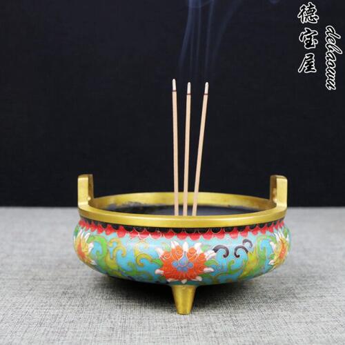 景泰蓝香炉纯铜仿古盘香炉 家用室内线香炉供奉 供佛 焚香炉 摆件