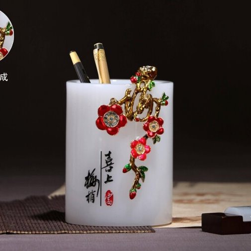 琉璃玉珐琅彩木座喜上眉梢笔筒教师节礼物老板办公室桌面摆件