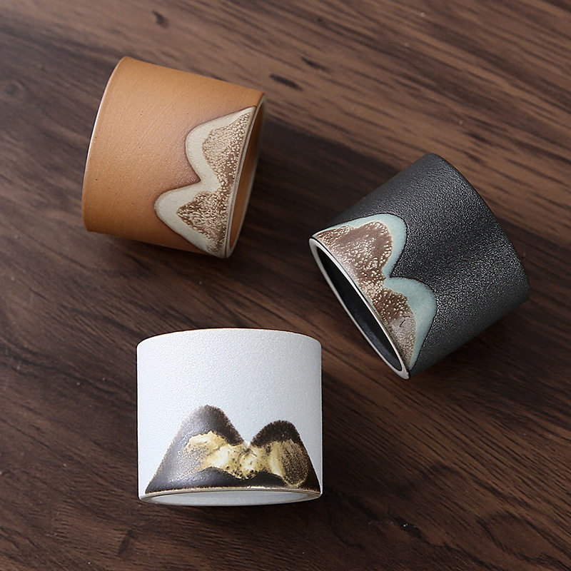 陶瓷远山主人杯禅意风粗陶品茗杯千里江山雕刻LOGTO茶杯新中式杯