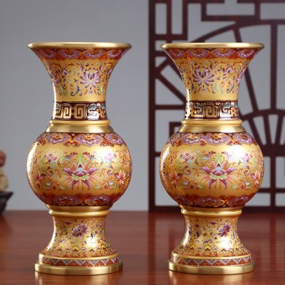 秦歌黄铜珐琅彩供佛花瓶摆件客厅插花佛台花瓶家用供花供观音插花