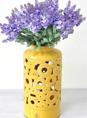 中古侘寂风复古黄色陶瓷几何镂空柱形花瓶家居样板间摆台软装饰品