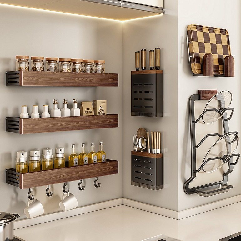 胡桃木调料架壁挂式多功能调味料品罐收纳架中古风厨房置物架