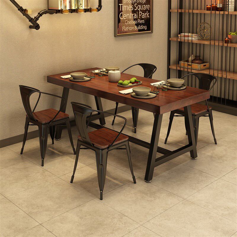复古铁艺实木餐桌火锅工业风烧烤清吧音乐餐厅饭店长方形桌椅组合