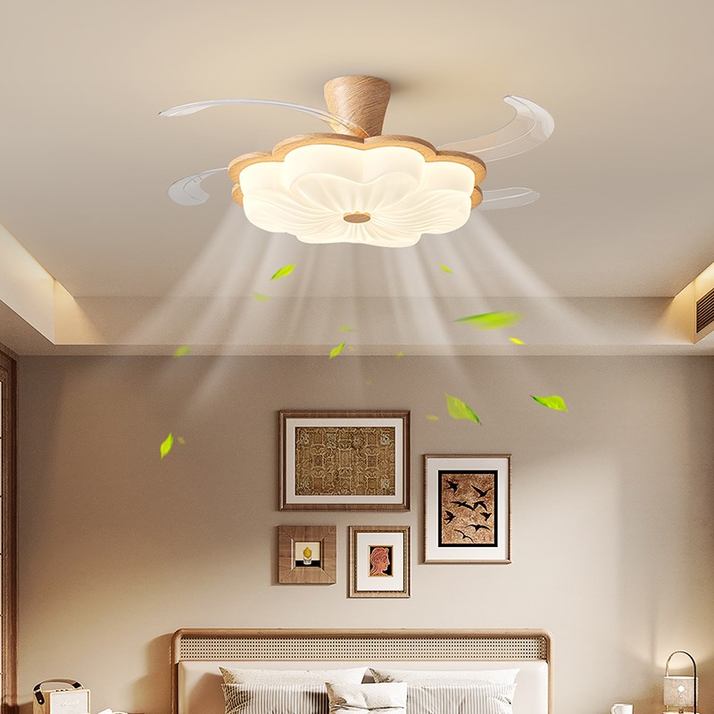 风扇灯北欧温馨创意奶油花朵中古风隐形I电扇灯复古胡桃木纹餐厅