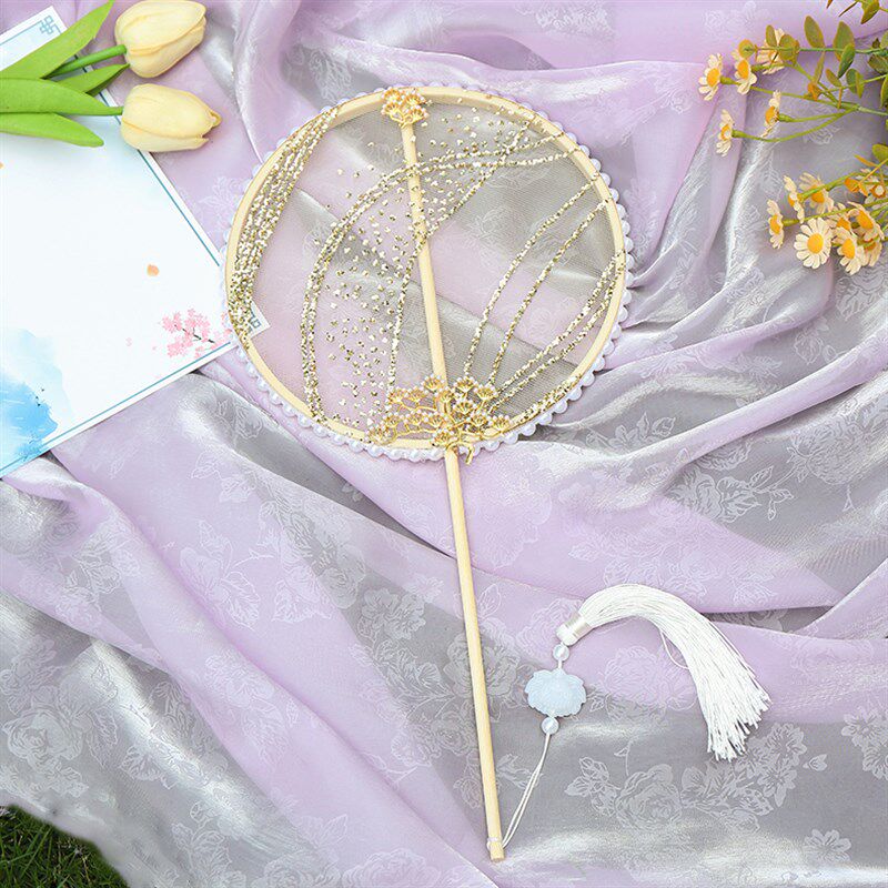 儿童古风团扇汉服宫扇璀璨星空扇子女式掌扇舞蹈扇走秀长柄流苏扇