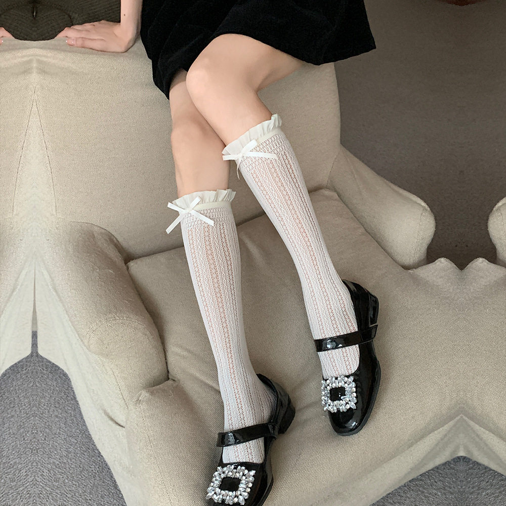 蕾丝蝴蝶结木耳花边网红中筒袜子jk镂空夏季薄款玛丽珍小腿堆堆女