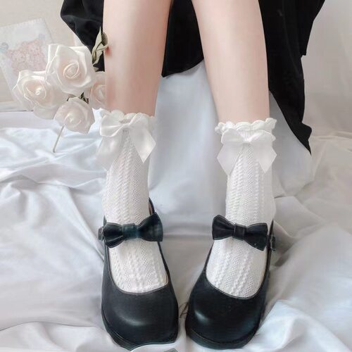 lolita袜子日系蝴蝶结木耳花边洛