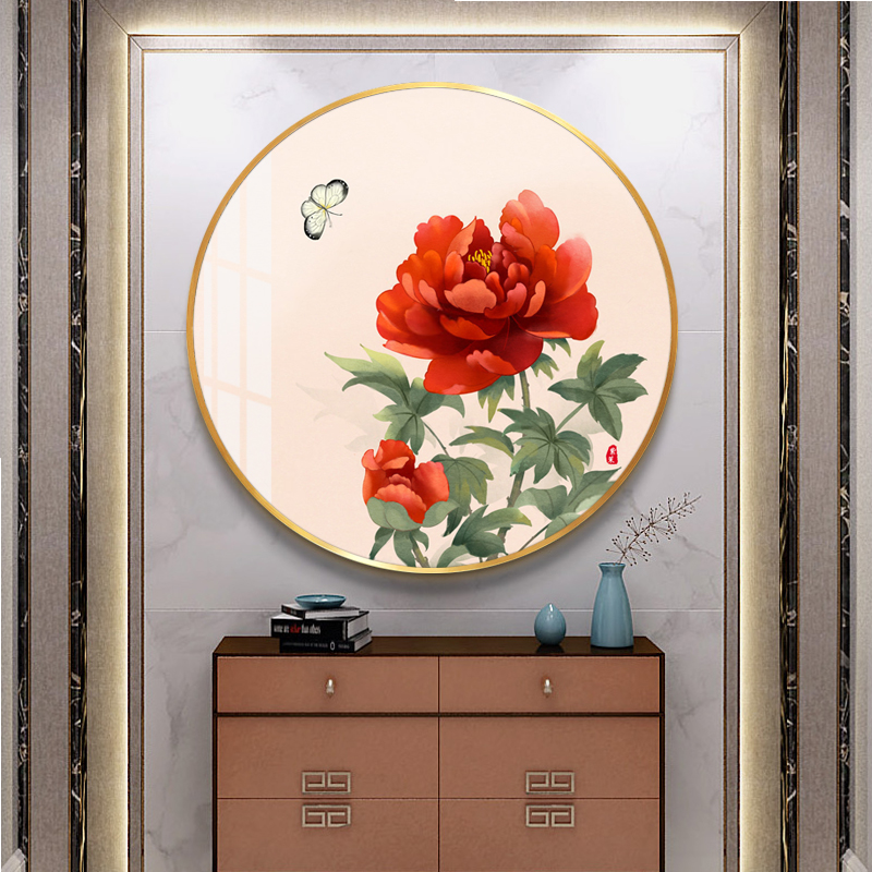 新中式花开富贵玄关入户装饰画客厅餐厅背景墙壁画牡丹花圆形挂画图片