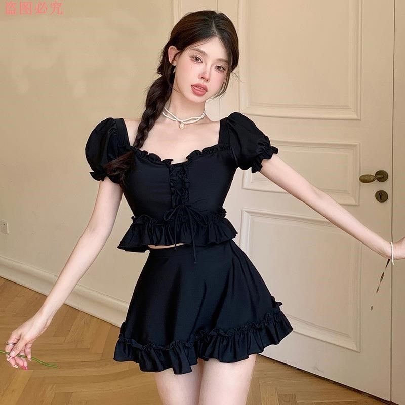 黑色两件套性感裙式沙滩泡温泉泳装分体泳衣女夏学生保守显瘦遮肉,运动/瑜伽/健身/球迷用品,连体泳衣,淘宝优惠券,粉丝福利购,淘宝优惠卷