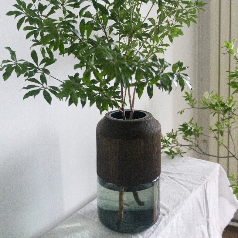 北欧可拆卸实原木手工制作浅绿色玻璃花瓶透明家居干花房间插花器