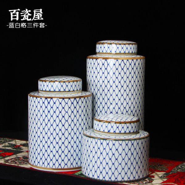 新中式陶瓷器网格三件套储物罐摆件简约现代客厅玄关样板房博古架