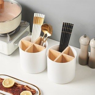 轻奢圆形筷子筒竹木分格厨房多功能置物盒勺O子餐具桌面文具收纳