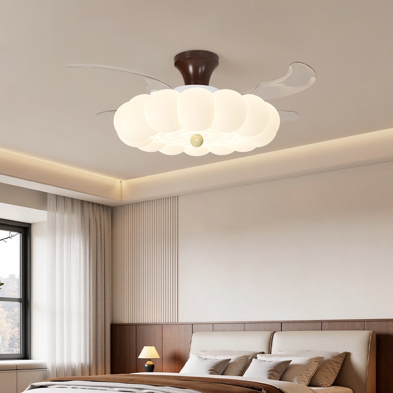 隐形风扇灯餐厅吊扇灯新款中古奶油E风静音大风力卧室吸顶电扇灯