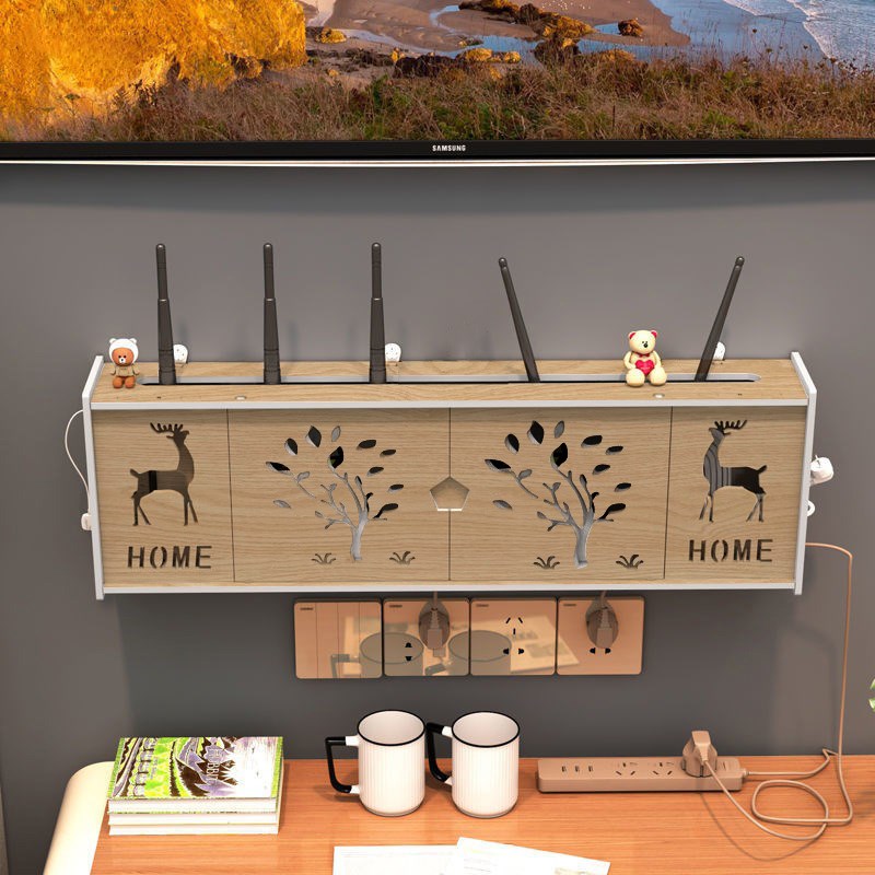 路由器收纳盒墙上wifi电视机顶盒置物架免打孔壁挂式插排插座遮挡