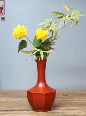 铜聚德 纯黄铜花瓶新中式家用室内客厅茶几办公室插花干花装饰品