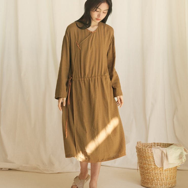 朵朵可可24春秋季棉麻竹节双层棉布宽松大码复古长袖家居服女睡裙