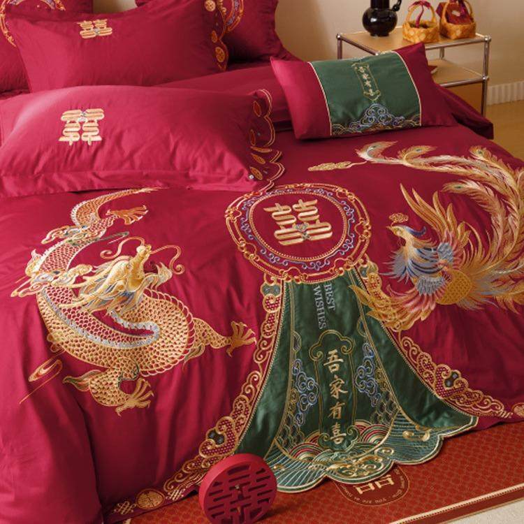 浪漫婚庆100S长绒棉床单四件套龙凤刺绣全棉结婚被套床盖床上用品