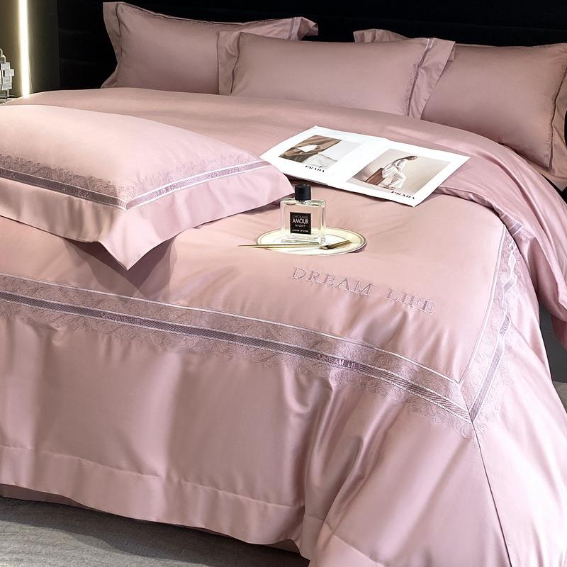 100支长绒棉四季款夹棉纯棉床盖四件套a类母婴级纯色简约绣花被套