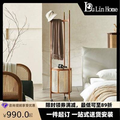 挂衣架落地卧室门口实木衣架家用白蜡木可移动脏衣篓藤编衣帽架