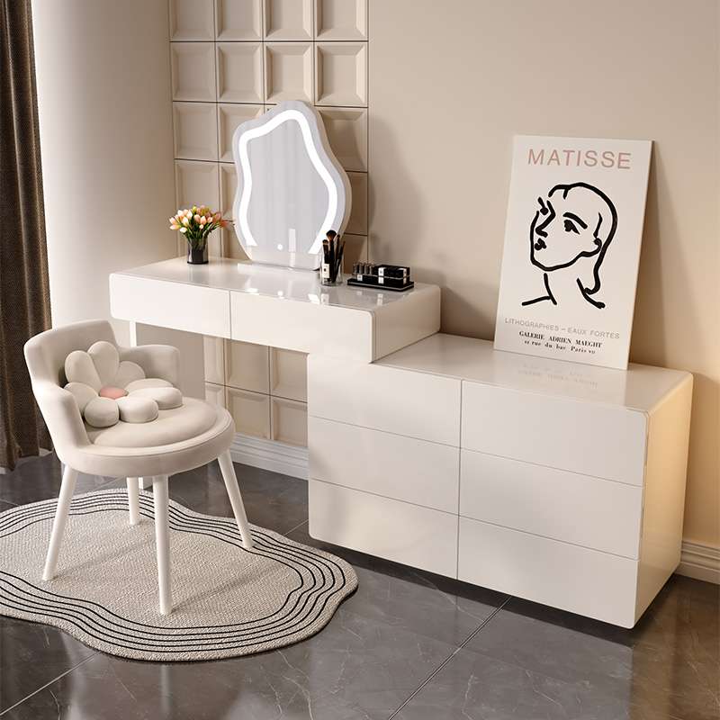 W8主卧轻奢奶油风梳妆台斗柜一体现代简约床尾伸缩实木烤漆化妆桌