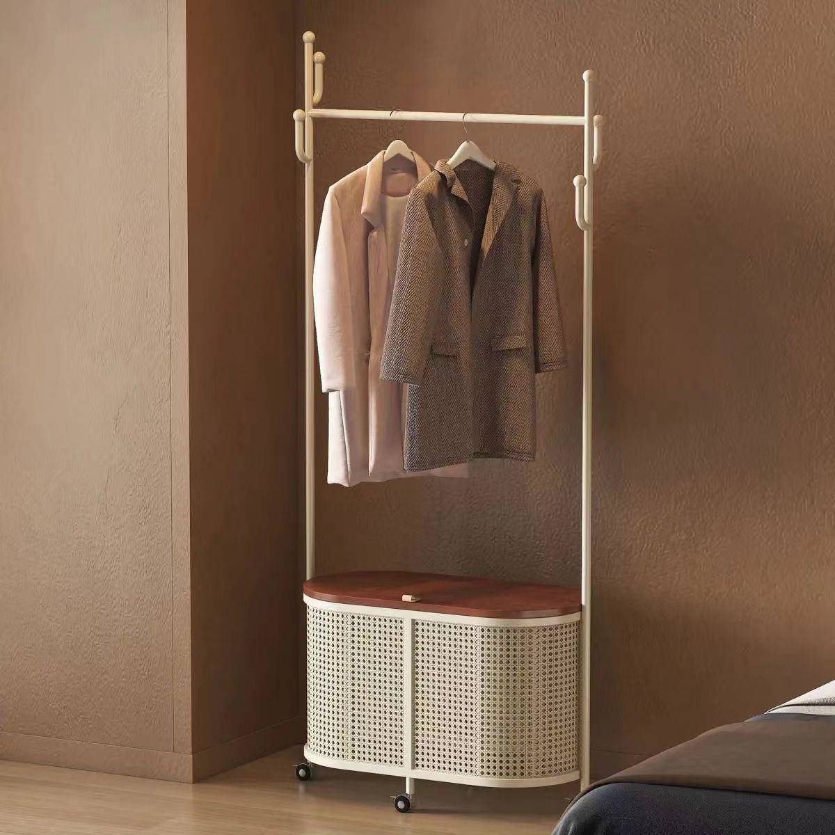 衣帽架落地卧室中古式轻奢可移动仿藤编脏衣篓复古收纳挂衣架