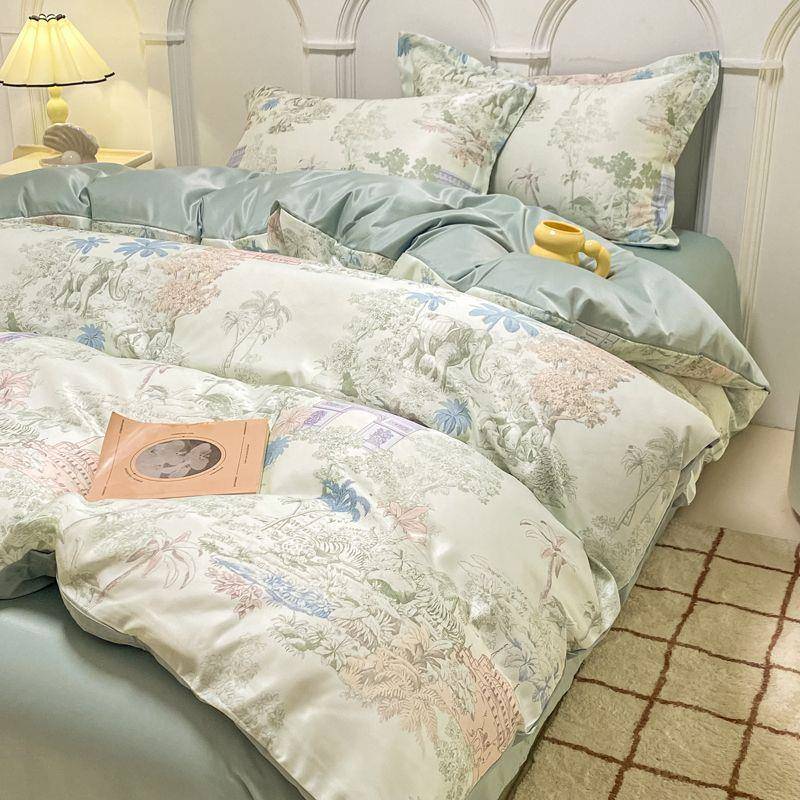 夏季轻奢美式数码冰丝天丝印花床单四件套丝滑裸睡宿舍被套三件套
