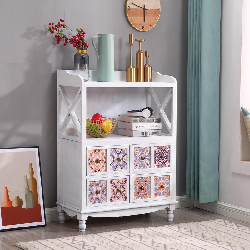 美式实木收纳柜创意彩绘复古斗柜小型靠墙储物柜子阳台置物柜多层