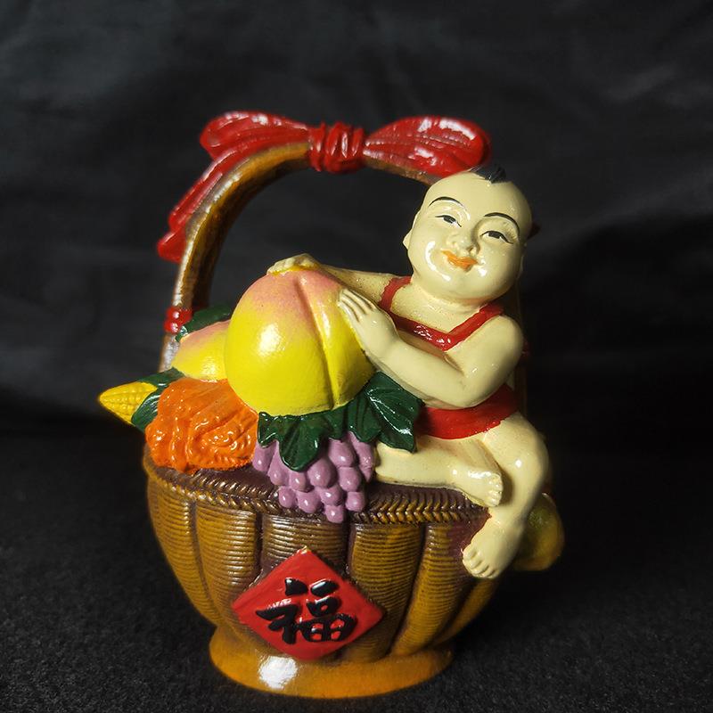 小叶黄杨木彩绘丰收提篮木雕工艺品家居办公桌面车摆件把玩件