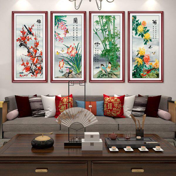 新中式梅兰竹菊挂画客厅沙发背景墙画装饰画四条屏餐厅茶室壁画