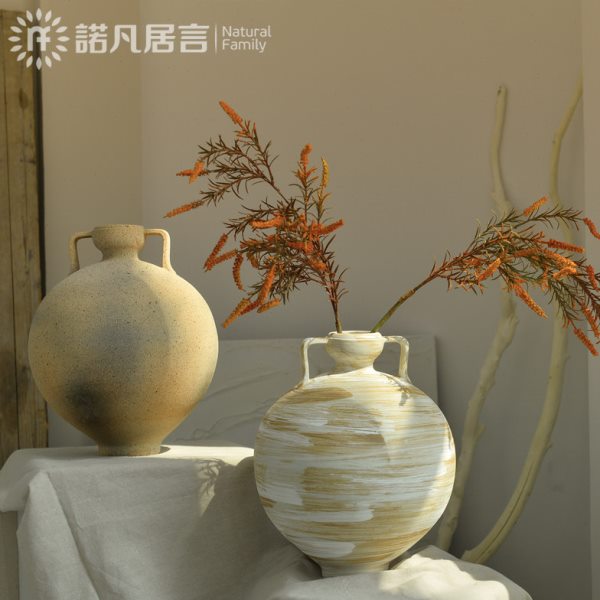 复古粗陶花器干花插花北欧风侘寂民宿酒店装饰乡村陶罐摆件花瓶
