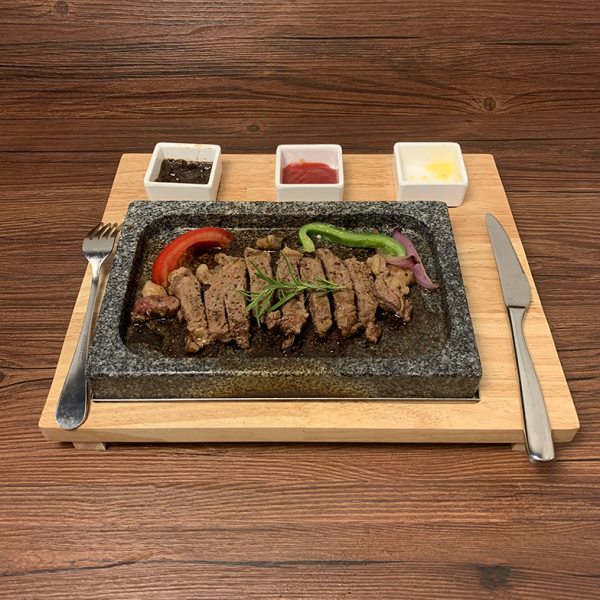 凹槽石板烧牛排盘耐高温火山岩石板牛扒煎盘橡木板盘石板铁板烧