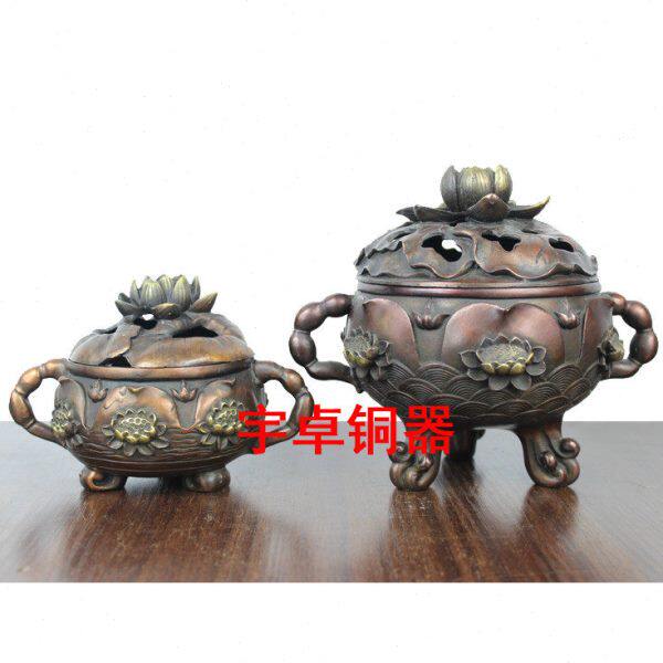 宇卓铜器 纯铜香炉 黄铜香炉 双耳莲花熏香炉  莲花香炉 家居工艺