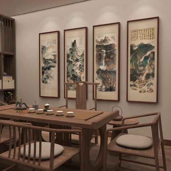 米亦堂x张大千 现代新中式山水国画客厅餐厅书房玄关四联条屏挂画
