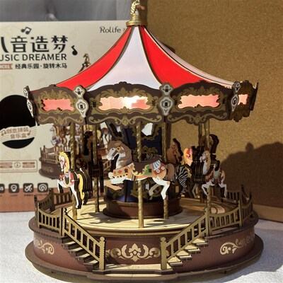rolife若来若客旋转木马音乐盒八音盒女孩木制手工拼装生日礼物