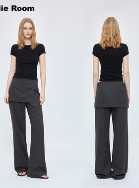 RandieRoom 黑灰色羊毛混纺毛呢休闲极简阔腿裤设计感屁帘女