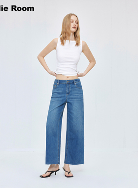 RandieRoom  S301 蓝色复古毛边直筒牛仔裤阔腿宽松高腰长裤女