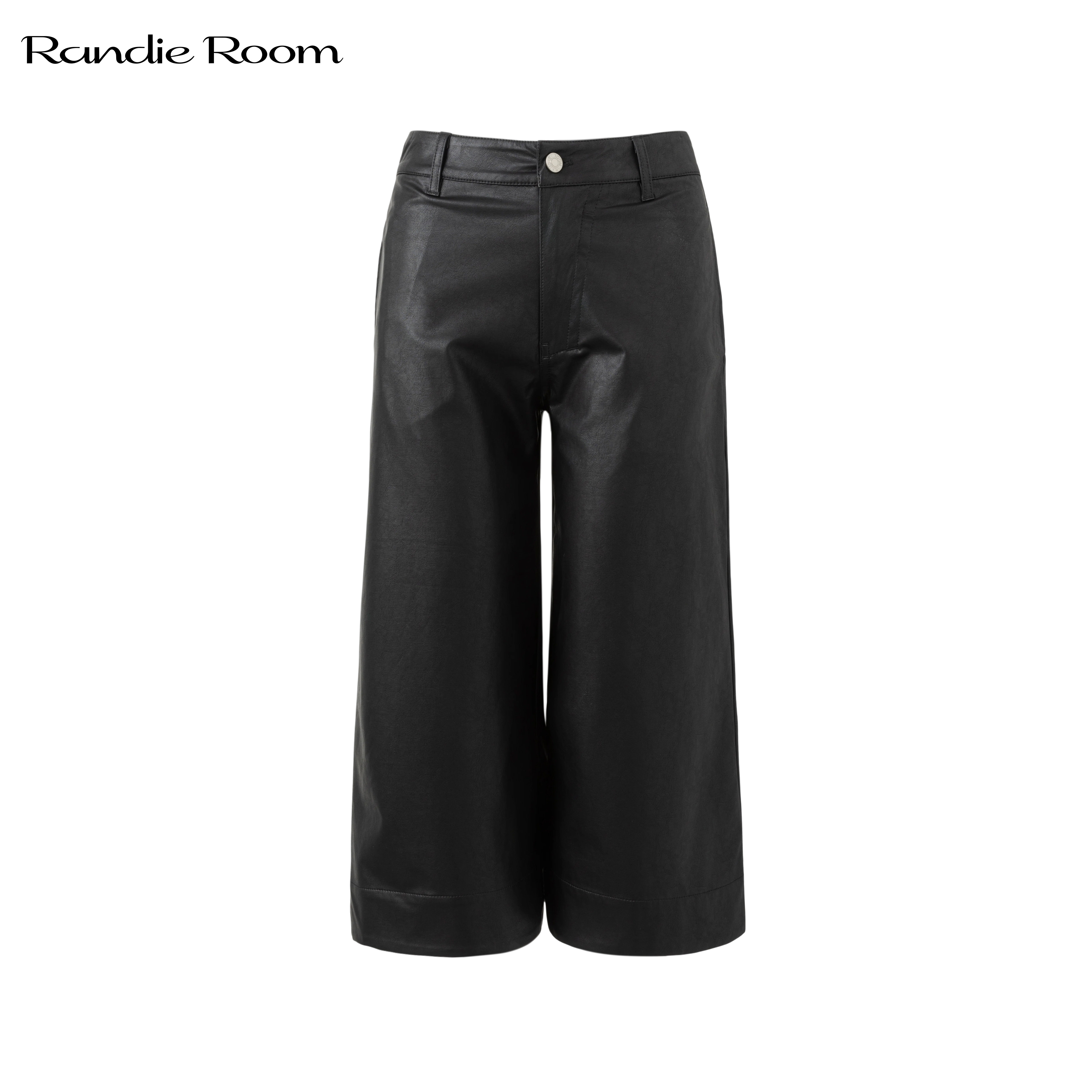 RandieRoom B3 黑色阔腿皮裤亮面PU皮高腰七分裤百搭通勤长裤新款