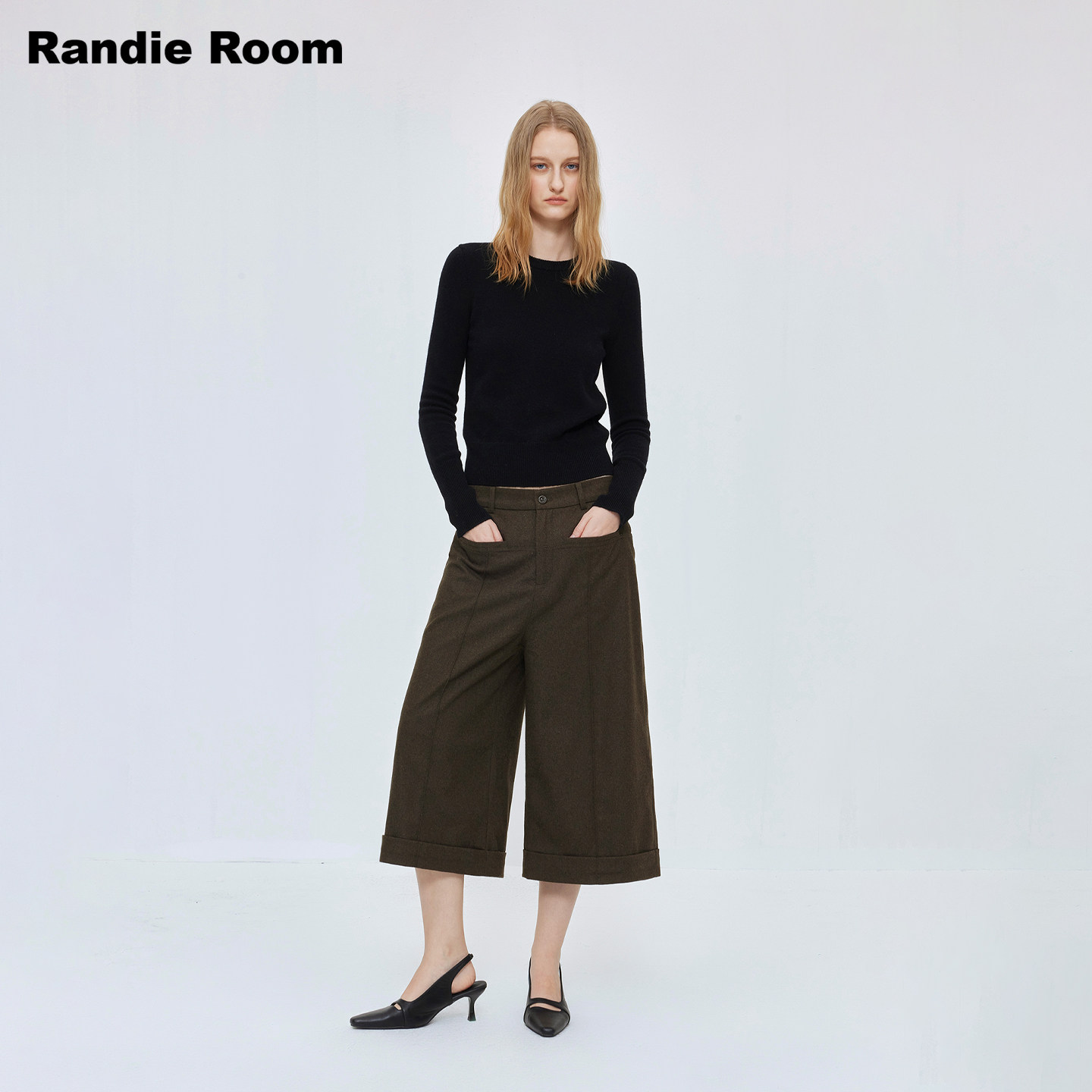 RandieRoom C1 深咖羊毛混纺毛呢七分中裤直筒阔腿裤女秋冬