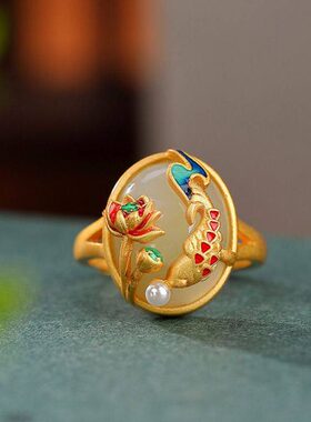 复古民族风好运锦鲤莲花莲蓬戒指女个性鲤鱼气质开口指环国潮饰品