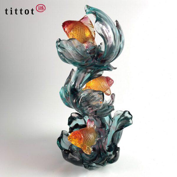 tittot琉园琉璃鱼客厅玄关办公室摆件工艺品花开有余乔迁高升礼品
