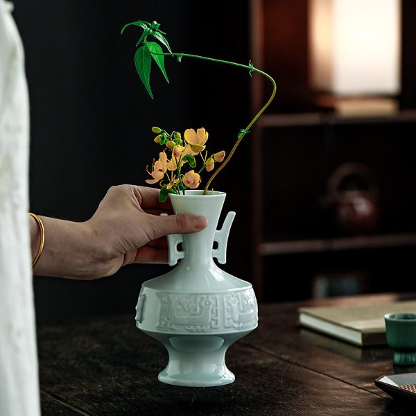 仿古青铜凤鸟纹陶瓷花瓶花插摆件客厅插花轻奢瓷器新中式定制logo