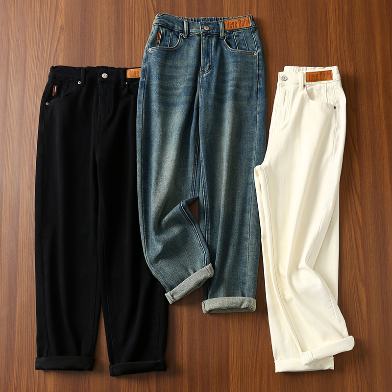 淘么淘 巨遮胯修腿型百搭后松z紧高腰磨毛老爹裤锥形牛仔裤女新款